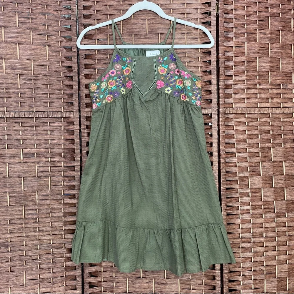 The Children's Place Olive Halter Dress Bright Floral Embroidery, Size 10/12.
